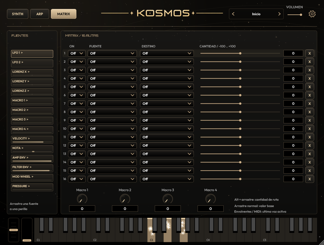 Página MATRIX de Kosmos con 16 rutas de modulación