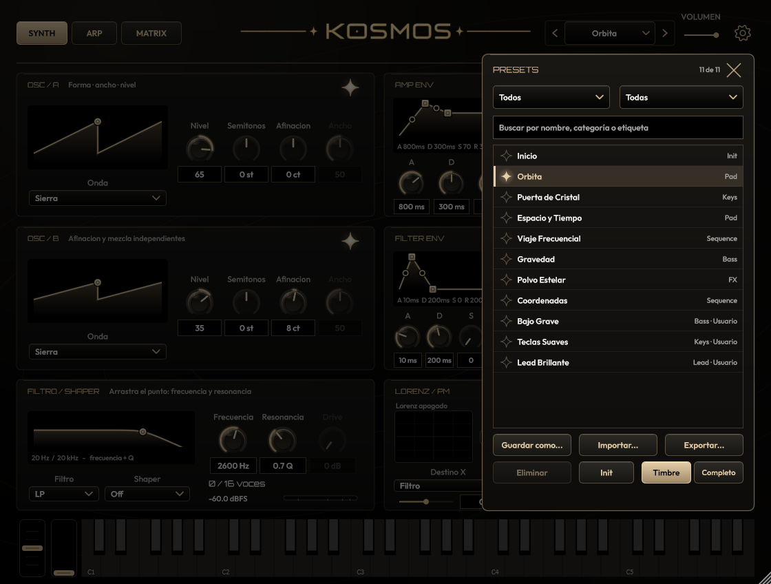 Navegador de presets de Kosmos con búsqueda, categorías y lista de sonidos