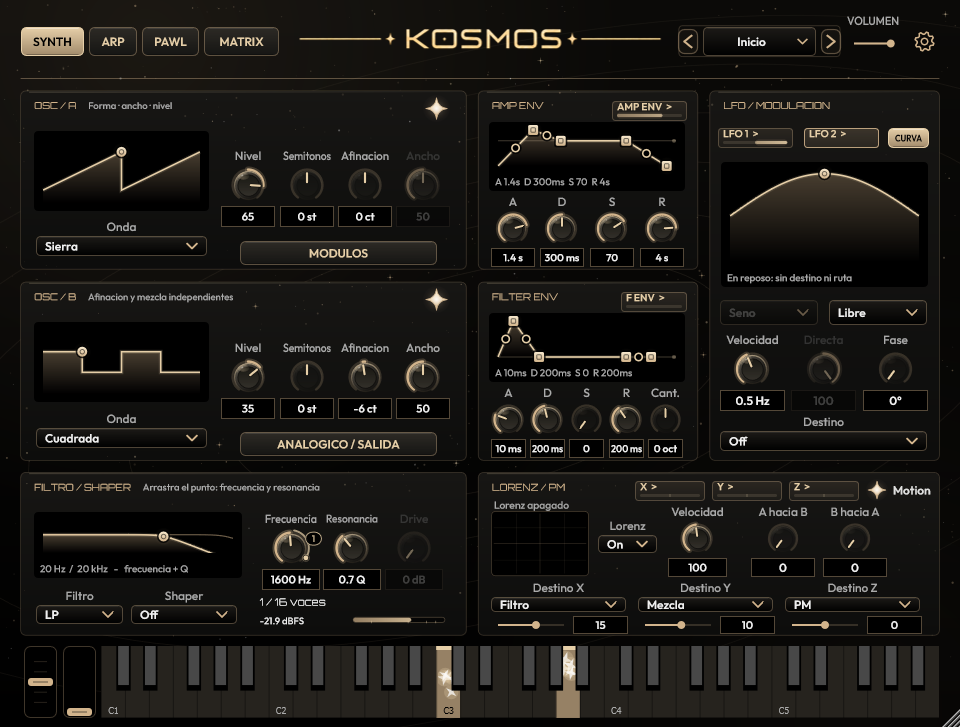 Página SYNTH de Kosmos con osciladores, filtro, envolventes y LFO